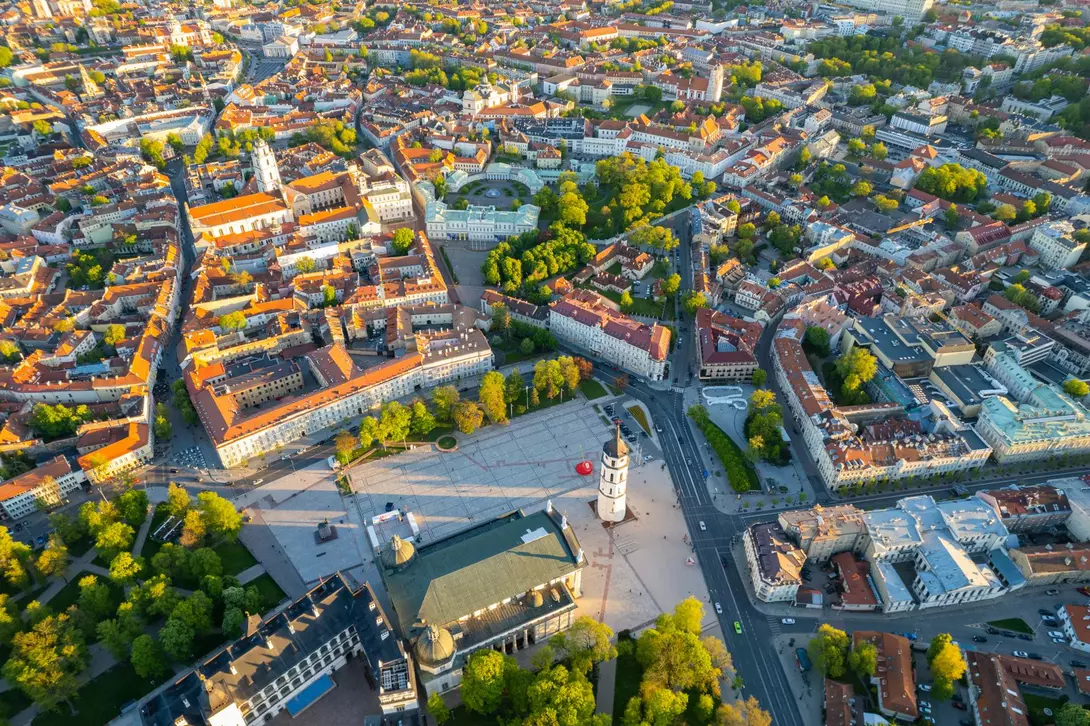 Aerial spring evening view in sunny Vilnius old town