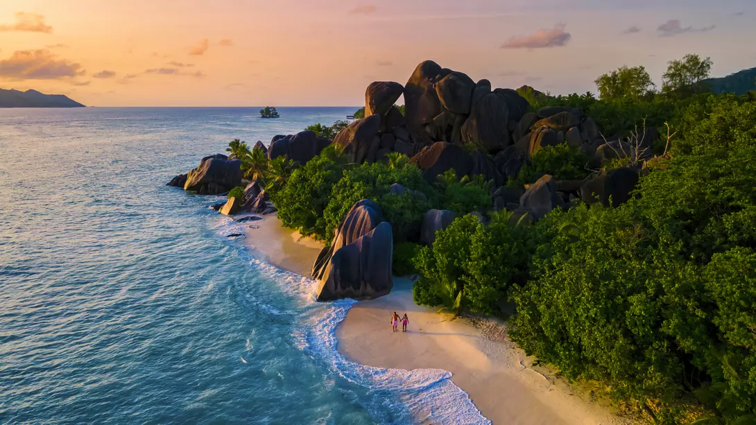 Sunset at the Anse Source d'Argent on the island of La Digue