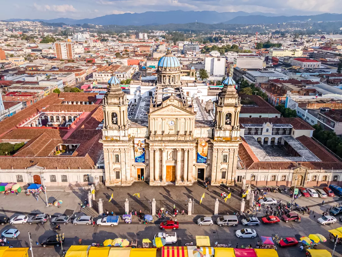 Metropolitan Cathedral of Santiago Beautiful aerial view of Guatemala City - Catedral Metropolitana de Santiago de Guatemala, the Constitution Plaza in Guatemala