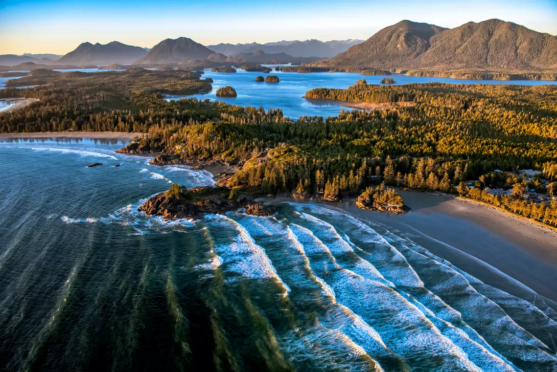 Aerial shot of Cox Bay Beach, Tofino, BC