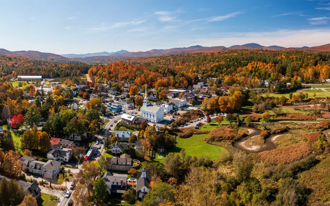 Panoramic aerial view of the town of Stowe in Vermont in the fall