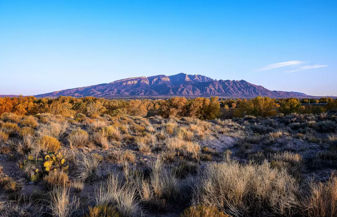 A view of the mountains is seen across a desert plain
