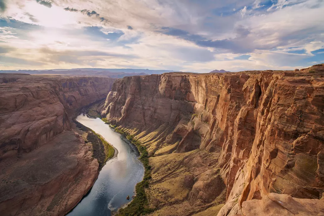 Wild angle view of the Colorado river curving through the canyon
