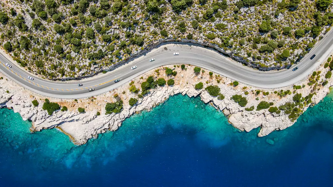 Aerial view of the road with beautiful view by the sea in Antalya Finike