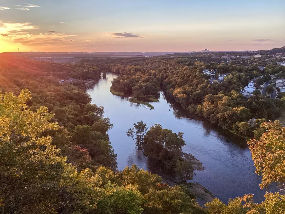 Sunset view of Table Rock Lake, Table Rock Lake Dam and The White River in Branson at Southwest Missouri.