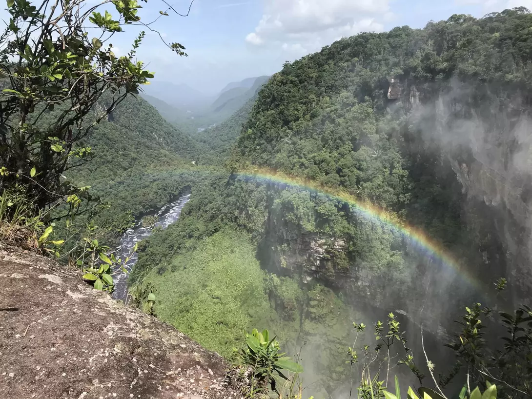 Rainbow over the valley of Kaieteur Falls, cataract on the Potaro River, west-central Guyana