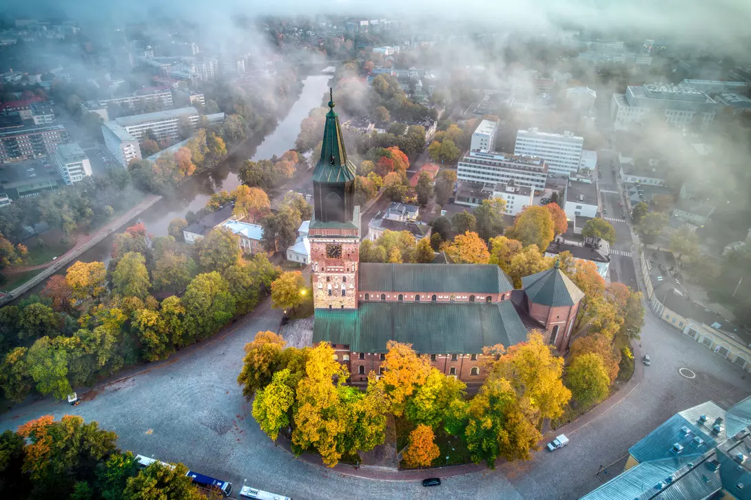 Aerial view of Turku Cathedral in the autumn