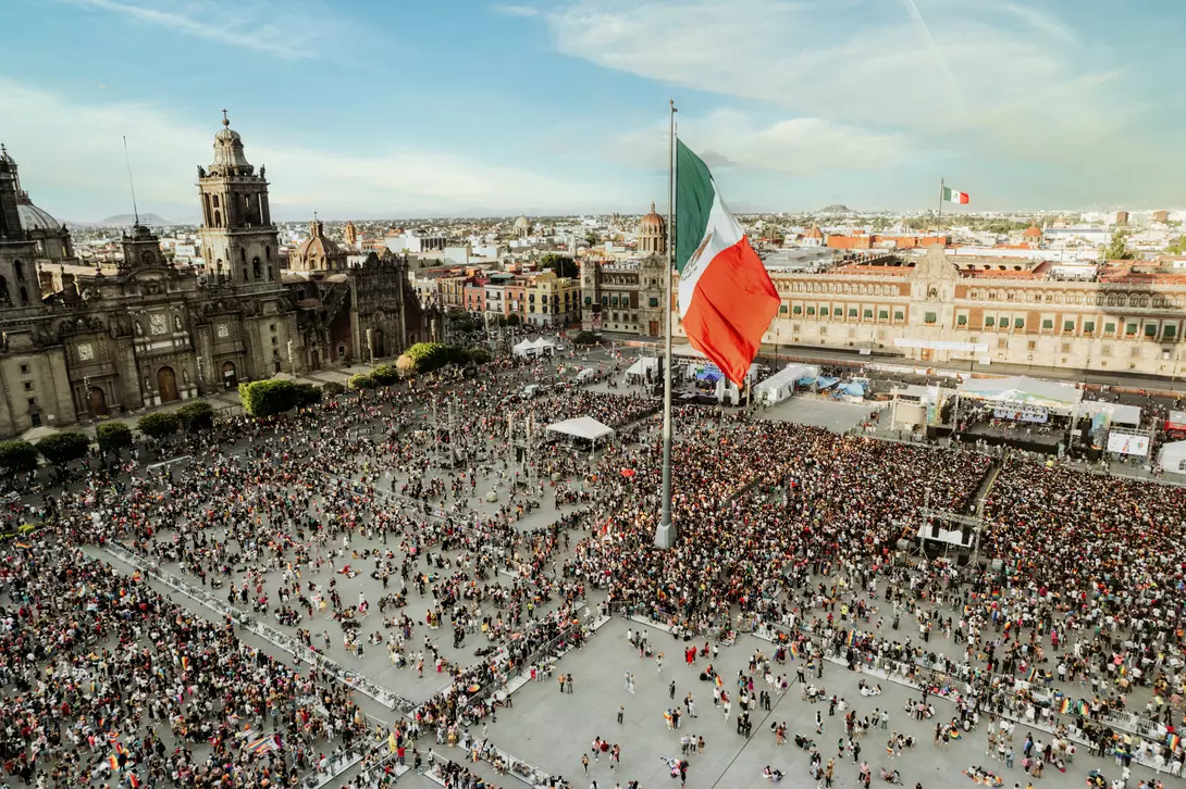 The Zocalo or Plaza de la Constitución of Mexico City, is surrounded by old churches and many museums