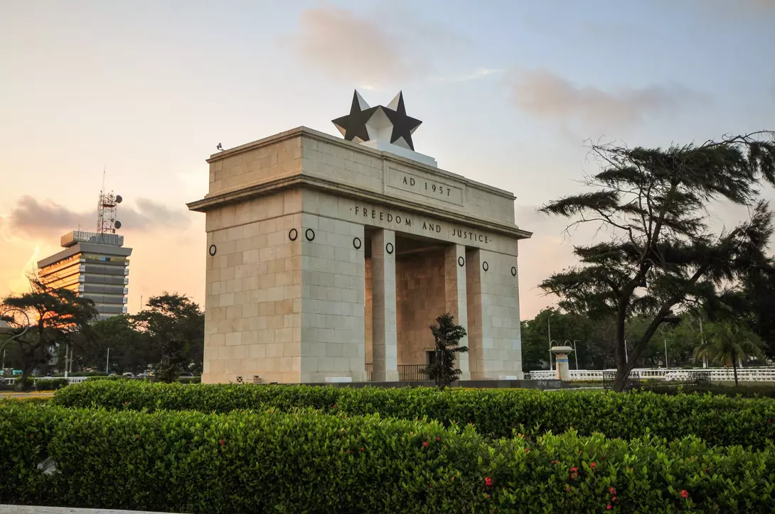 The Independence Square of Accra, Ghana, inscribed with the words "Freedom and Justice, AD 1957", commemorates the independence of Ghana, a first for Sub Saharan Africa.