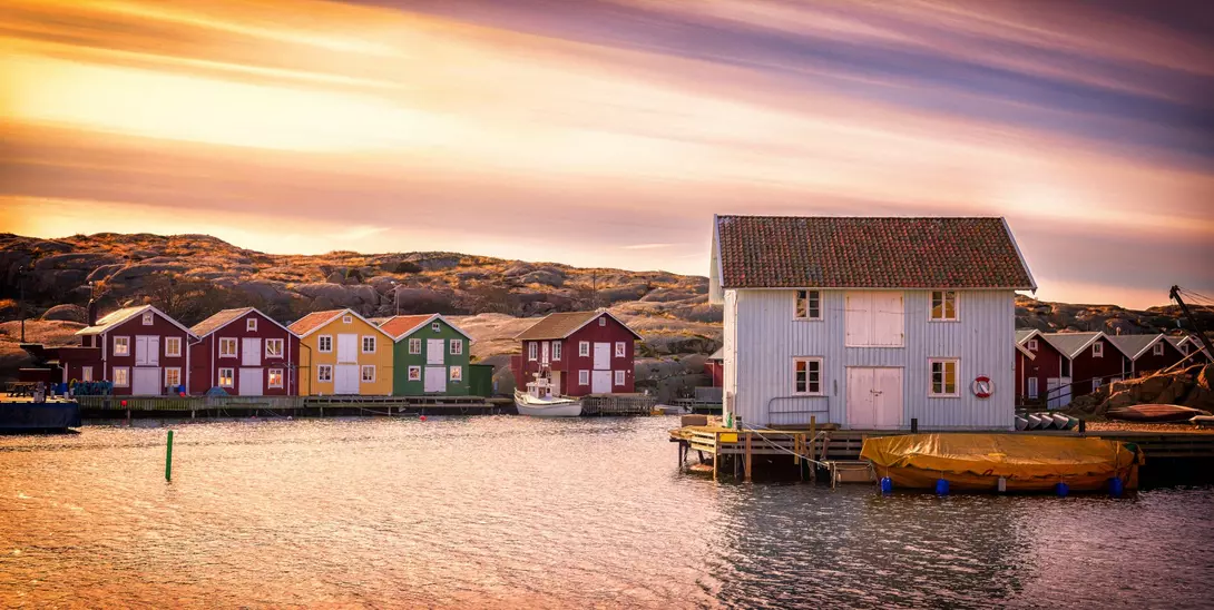 Beautiful landscape view of sunset and houses at Smogen