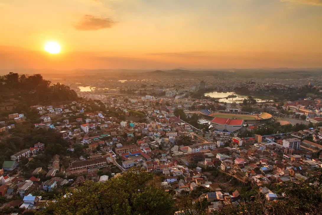 "Aerial cityscape of Antananarivo with a view of Tana stadium "