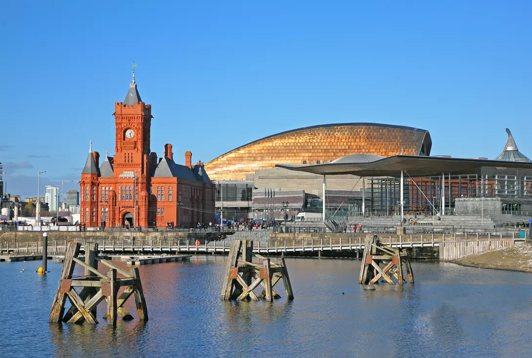 View of Cardiff city skyline from across the bay showing the Pier head building National Assembly