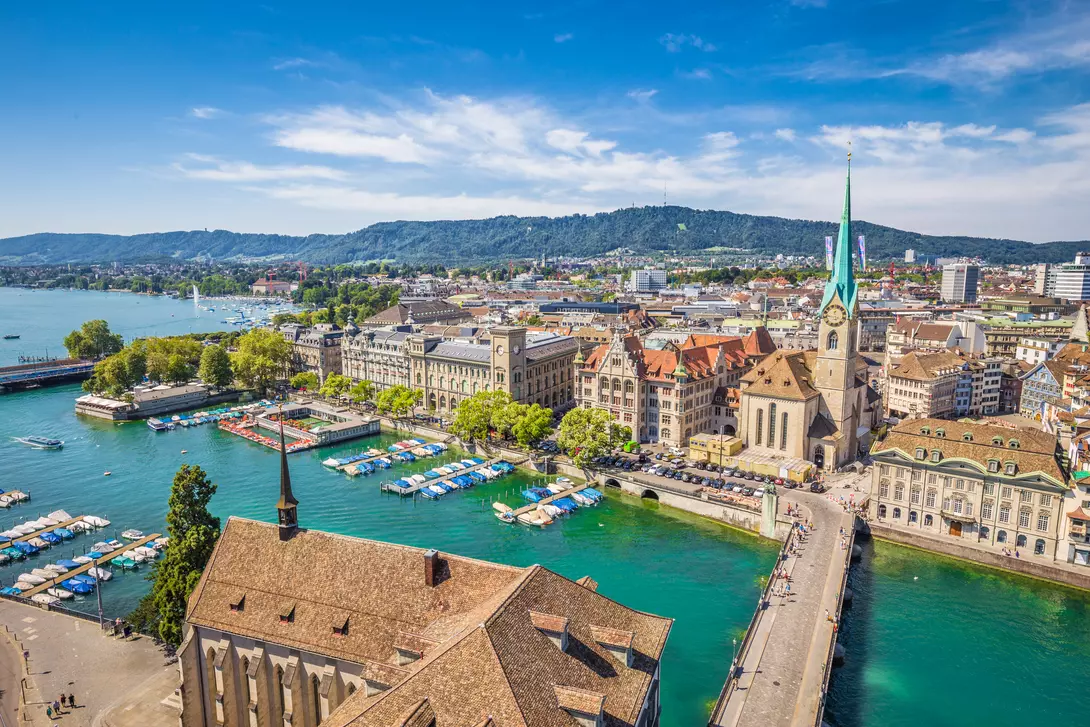 Aerial view of Zürich city center with famous Fraumünster Church and river Limmat at Lake Zurich from Grossmünster Church