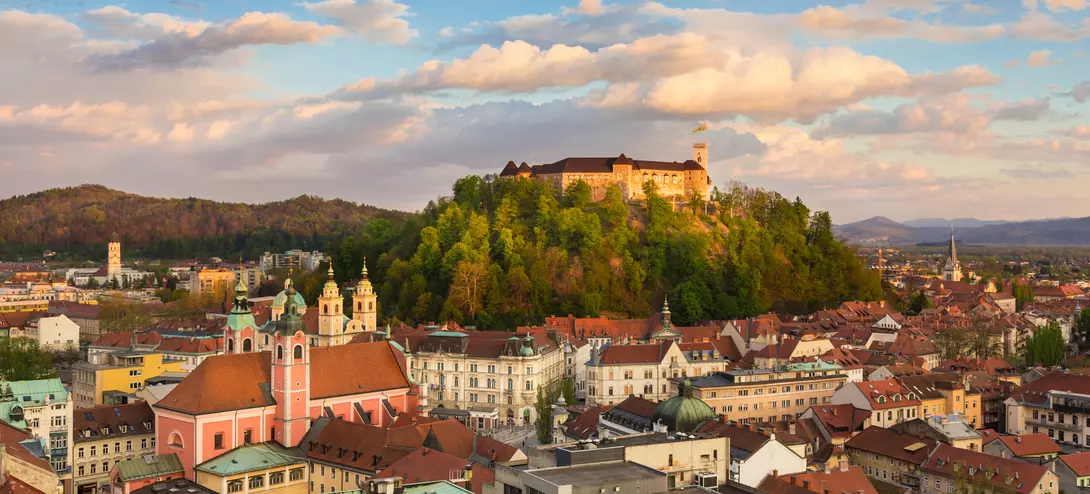 Panorama of the Slovenian capital at sunset