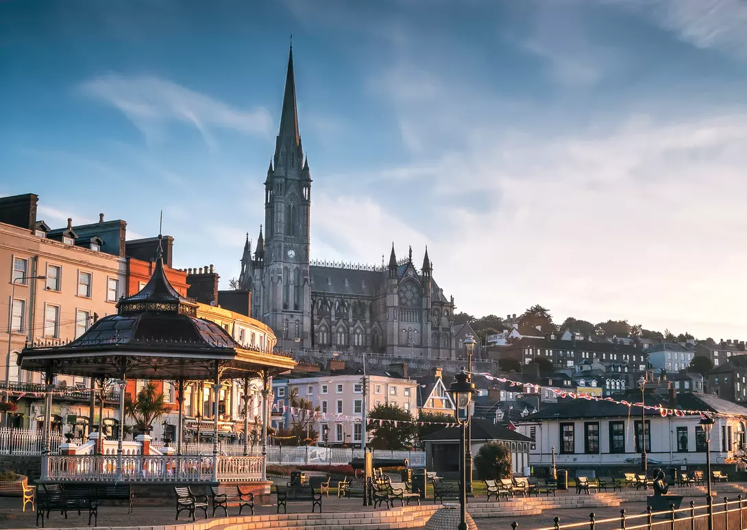 A view of St Colman's Cathedral from the promenade in the picturesque town of Cobh
