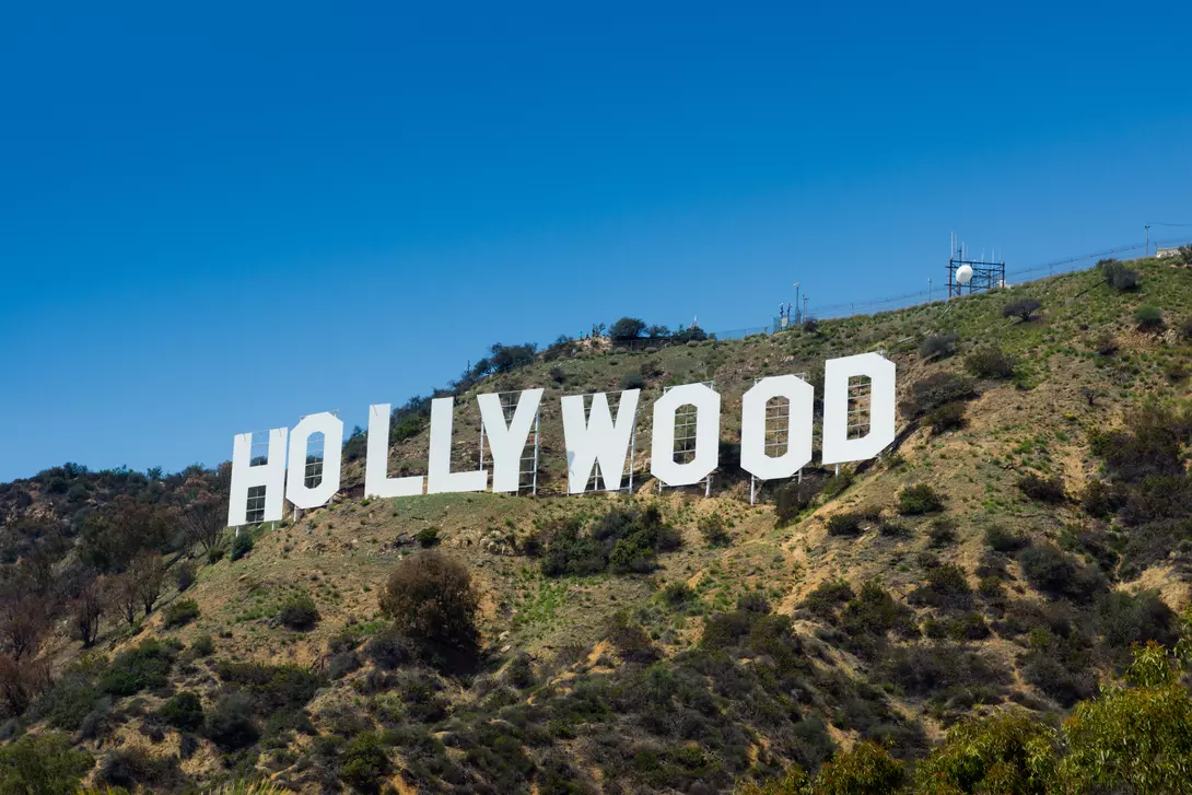 The Hollywood sign viewed from the track that leads up to it. This is taken near the sign from below and uses a polarizer to enhance the sky colour.