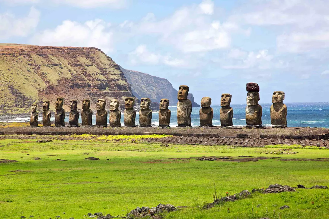 The moais stone platform of Ahu Tongariki on the south coast of Easter Island