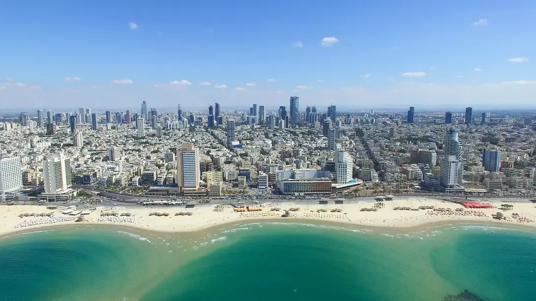 Tel Aviv skyline with views of Bograshov Beach along promenade 