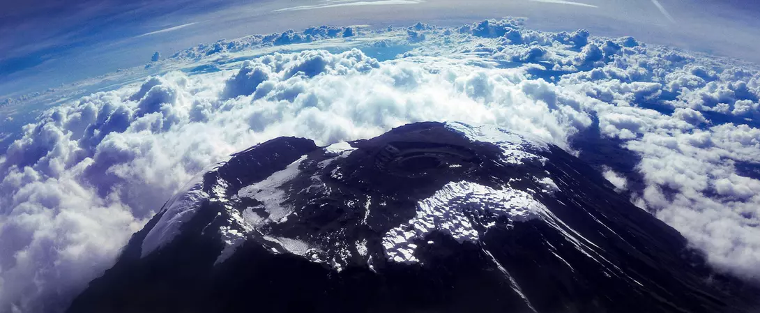 Aerial view of Kibo volcanic cone at the summit of Mount Kilimanjaro