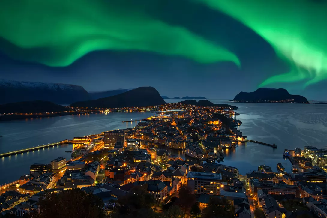Green Aurora borealis over Alesund
