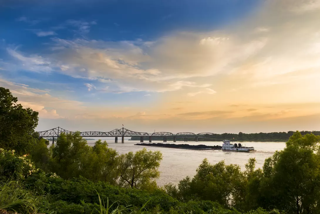 A pusher boat in the Mississippi River near the Vicksburg Bridge in Vicksburg, Mississippi