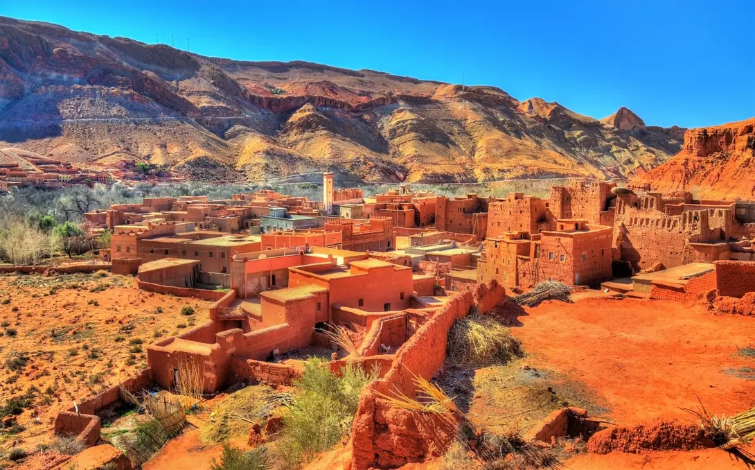 View of Bou Tharar village. Morocco, the Valley of Roses with the mountains in the background