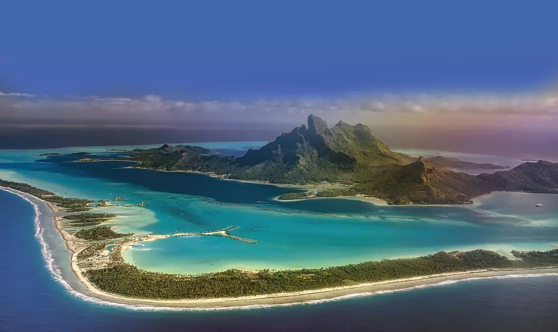 High angle view of beautiful Bora Bora island, in the French Polynesian islands