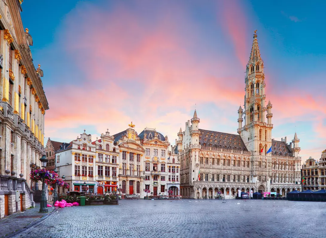 Bright and colorful sky just before sunset atop the Grand place, in Brussels, Belgium