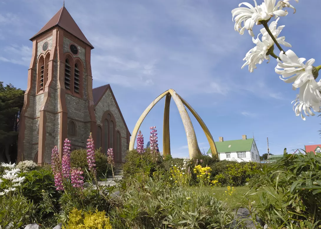 Cathedral on Ross Road in Stanley, with arch made of the giant jaw bones of two blue whales in front