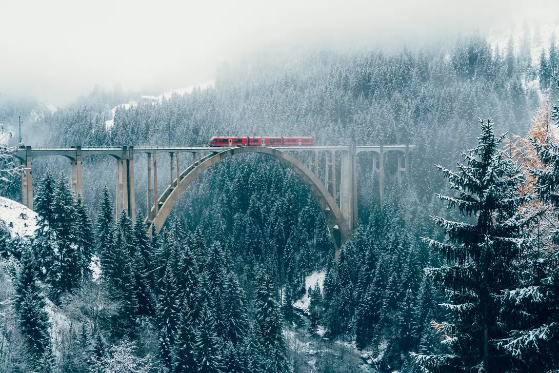 Scenic view of train on viaduct in Switzerland