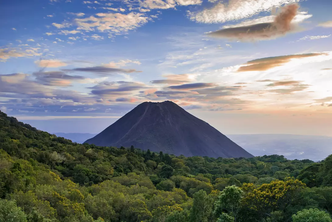 View of Izalco volcano with beautiful clouds around it in El Salvador