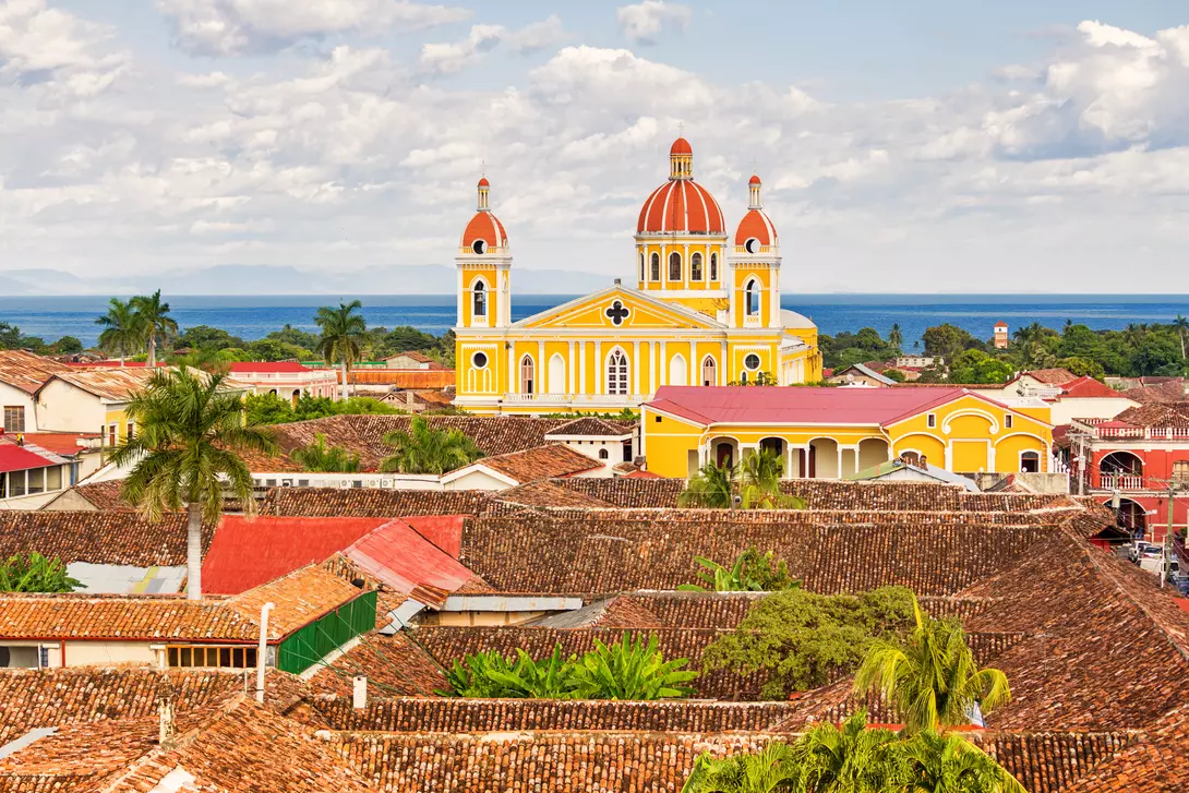 View of the city of Granada and the landmark Cathedral of Granada in Nicaragua with Lake Nicaragua in the background