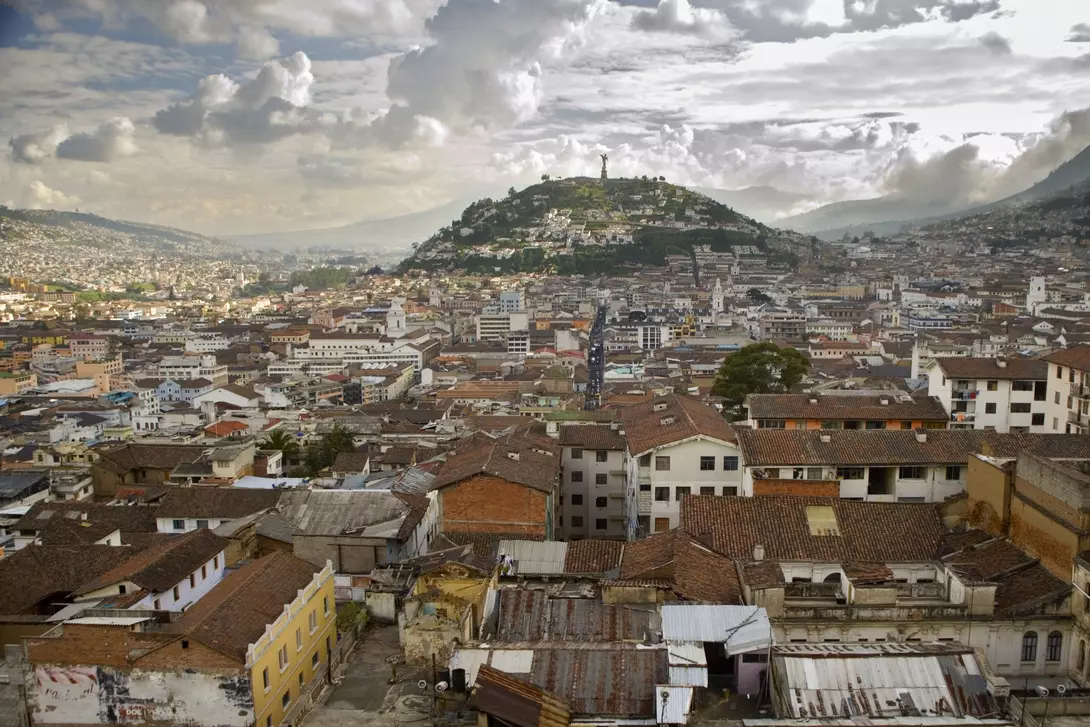 Skyline view of Quito, capital of Ecuador. It is situated on the lower slopes of the volcano Pichincha.