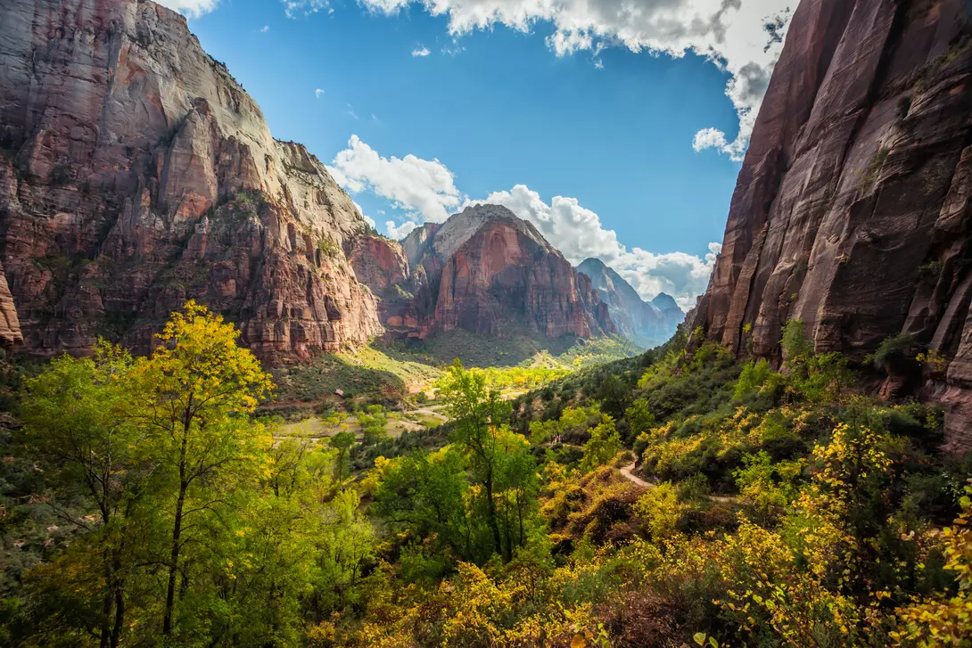High mountains with cloudy blue sky and green forest featuring Angels Landing Peak