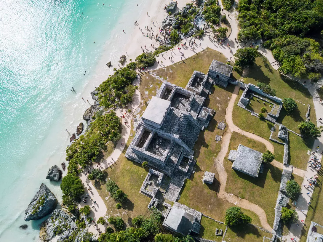 Aerial view of Tulum, the site of a pre-Columbian Maya walled city, the only one to have been built overlooking the sea
