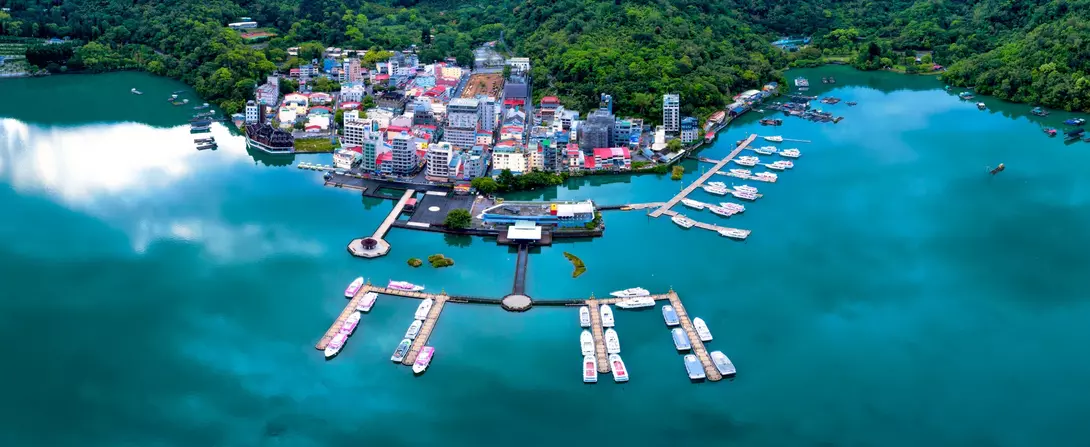 Aerial shot of wharf, pier and beautiful lake waters