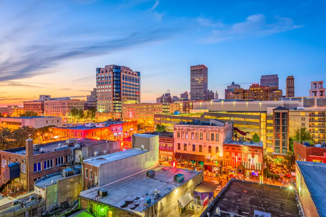 Downtown cityscape at dusk over Beale Street