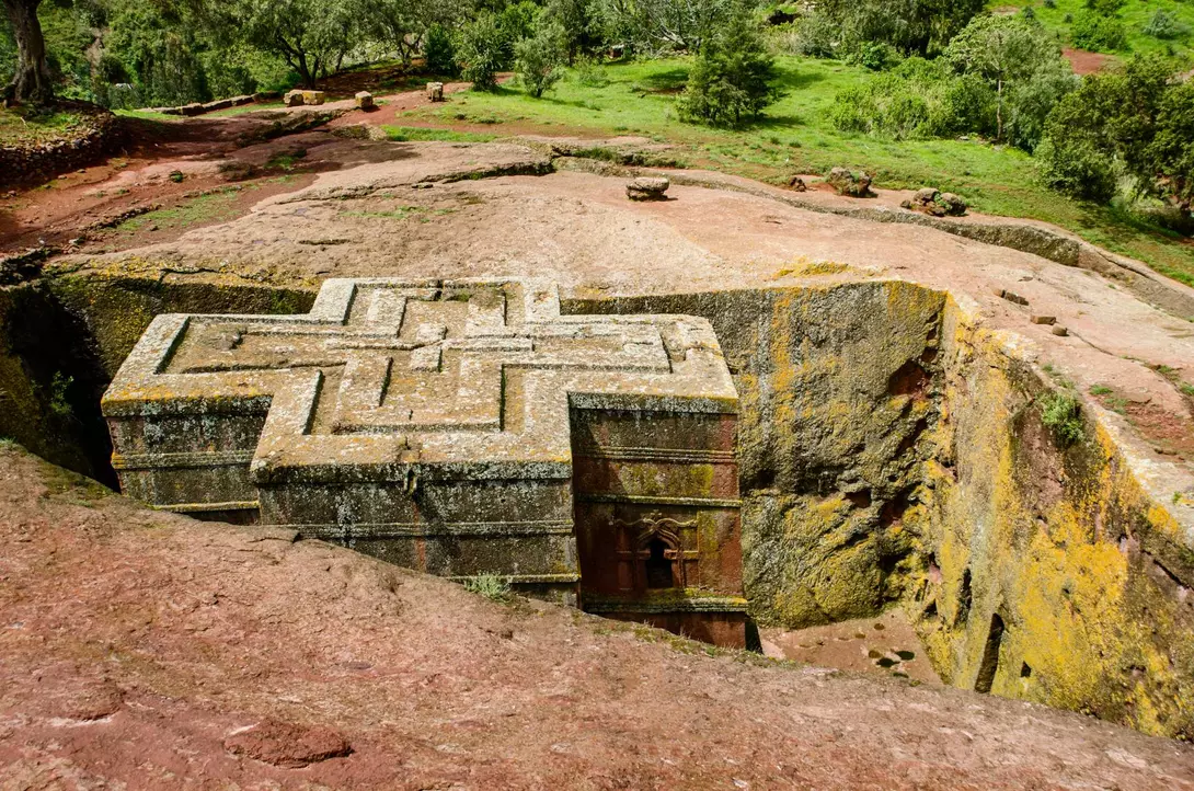 View from above of the famous church of Saint George, cut from a single rock