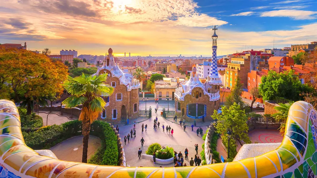 View of the sunset from Park Guell in Barcelona