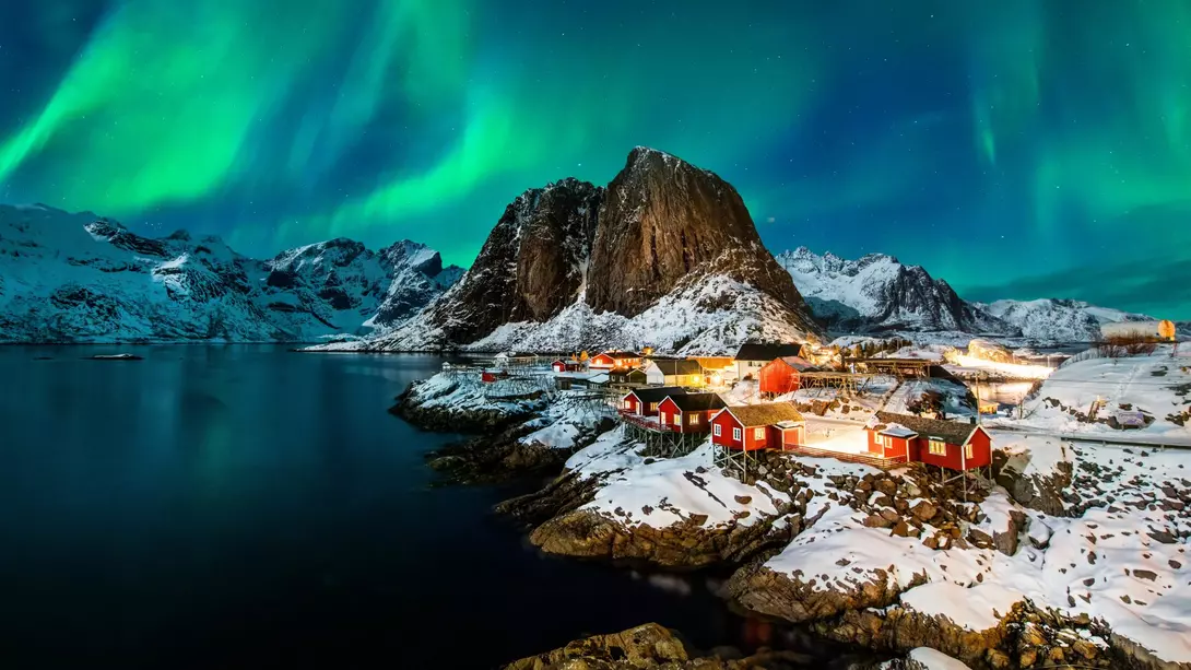 Aurora borealis over Hamnoy in Norway.