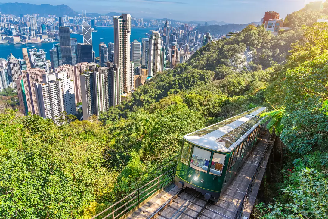 Hong Kong's famous green tram on the slope of Victoria Peak