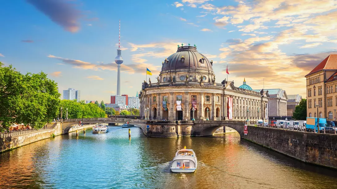 View of Museum Island in Berlin, Germany with river in view