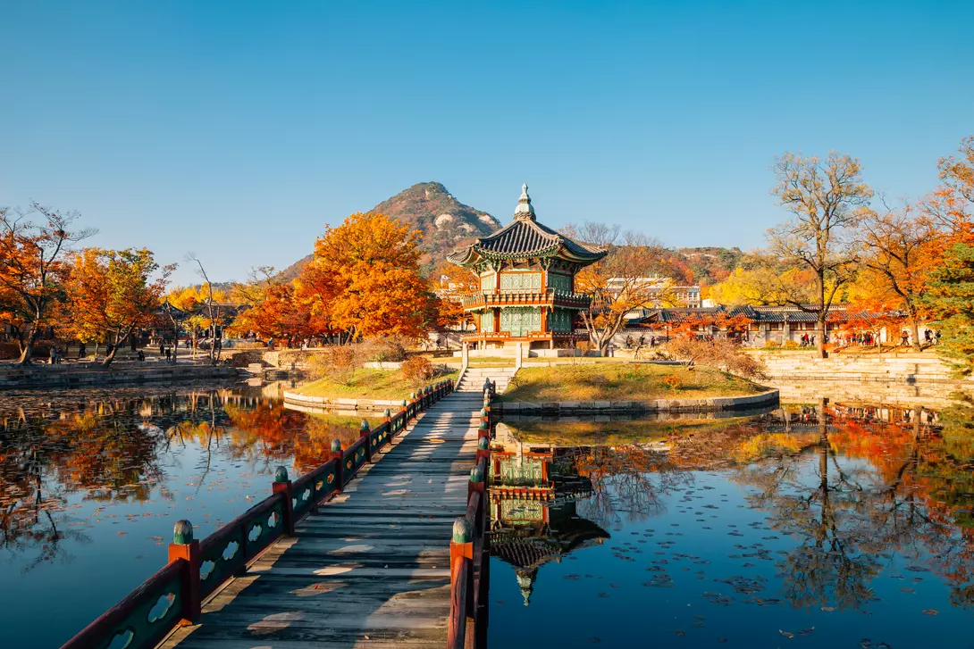 Gyeongbokgung Palace Hyangwonjeong with autumn maple 