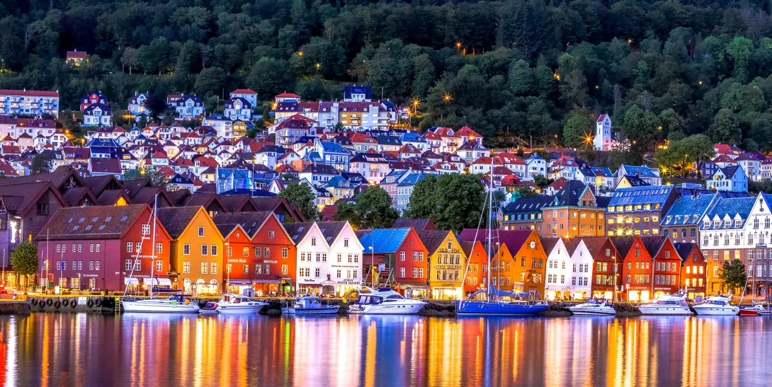 The famous Bryggen, with night lights all over the city
