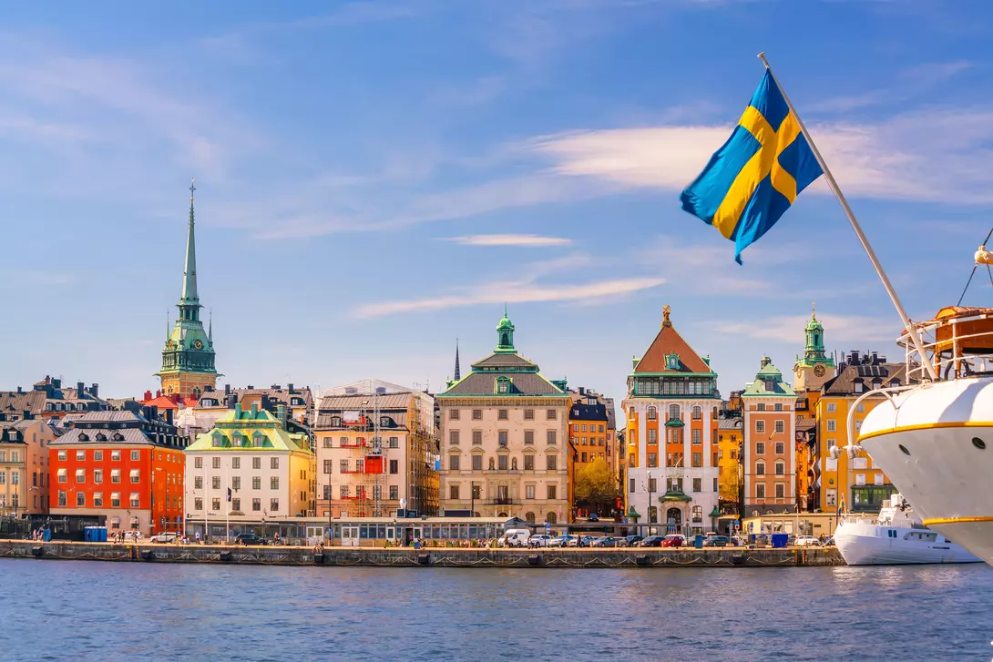Stockholm old town city skyline, cityscape of Sweden at sunset.