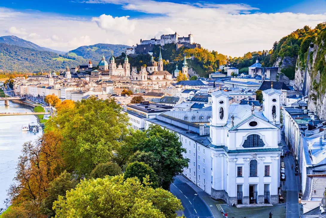 Salzburg skyline with Hohensalzburg castle and old town.