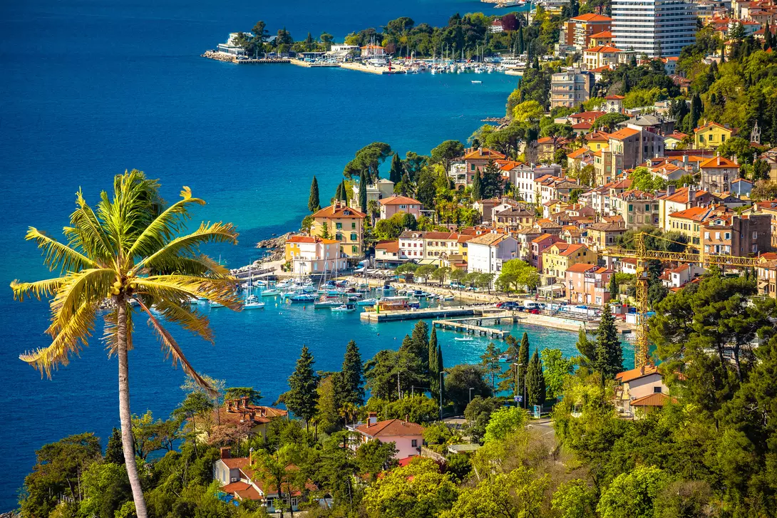 Town of Volosko on Opatija Riviera colofrul view, Kvarner bay of Croatia.