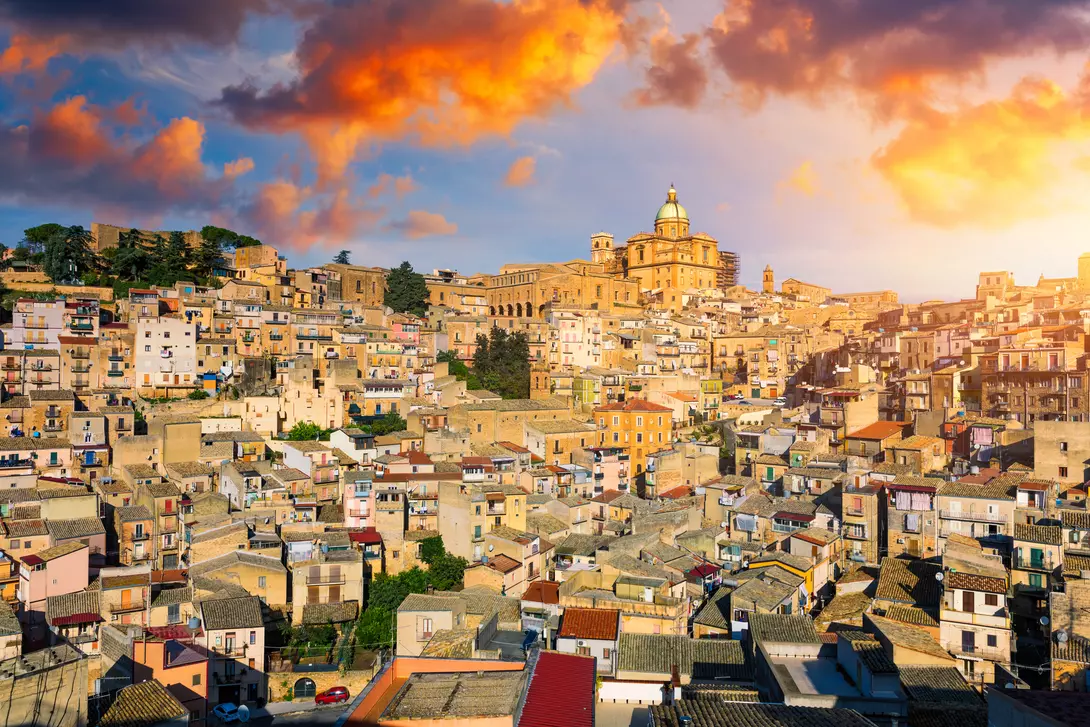 Piazza Armerina in the Enna province of Sicily in Italy. Piazza Armerina cityscape with the Cathedral SS. Assunta and old town, Sicily, Piazza Armerina, Province of Enna, Sicily, Italy, Europe.
