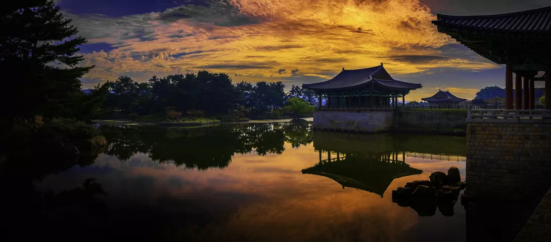 Gyeongju City Landmark Heritage Site in South Korea, of Donggung Palace, Wolji Pond and Anapji Park with traditional Korean architecture and garden at sunset