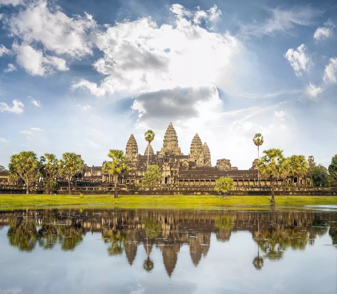 The Temple Of Angkor Wat reflected in the lake near Siem Reap In Cambodia